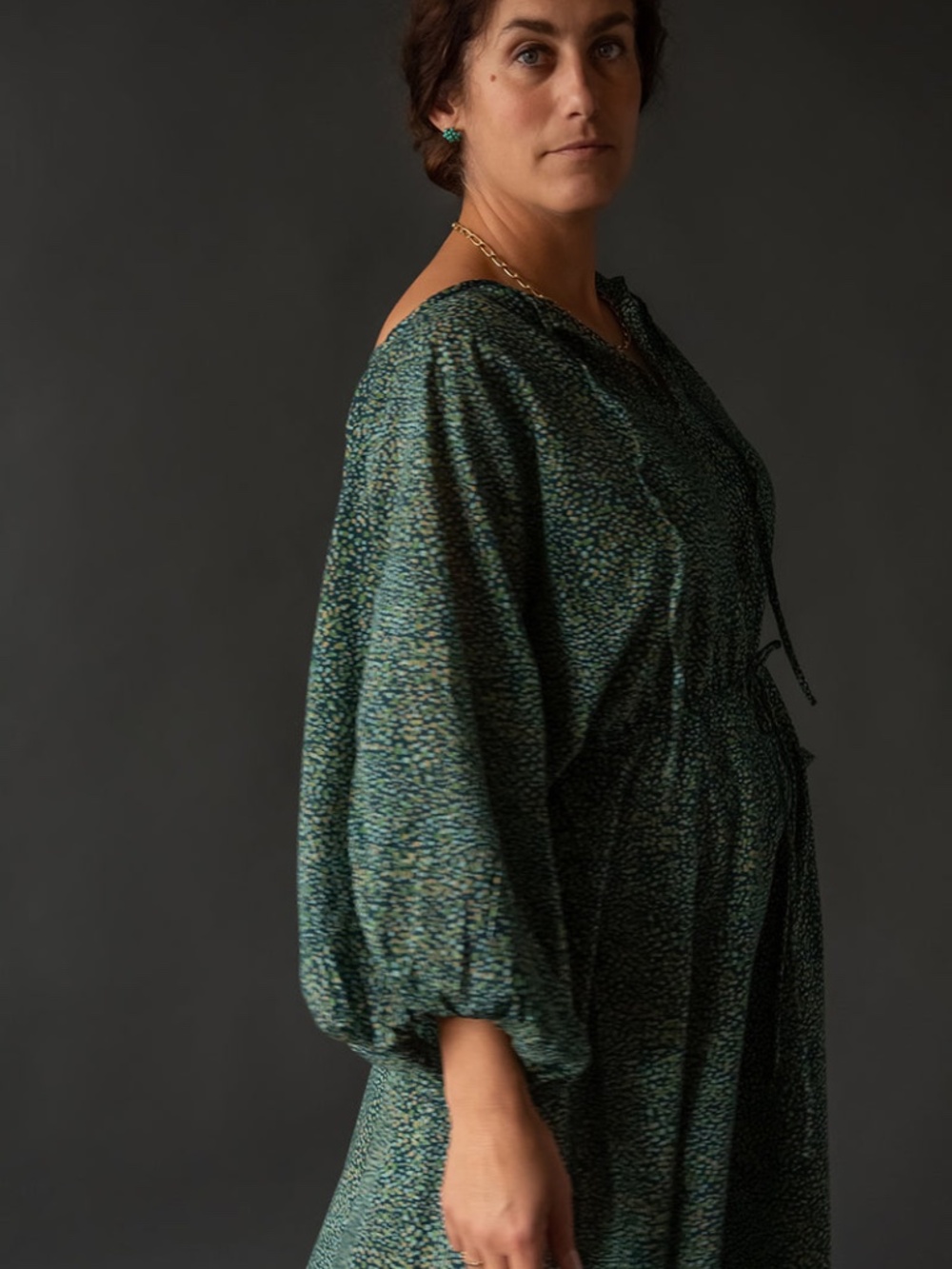 ERICA TANOV The Floriana Cotton Dress in Dark Spruce Pioggia Foresta Girard Maxo